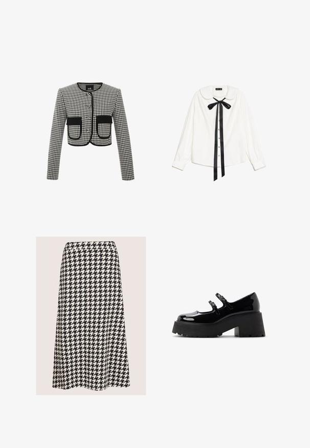 Cropped-Jacke im schwarz-weiß karierten Muster, mit Rundhalsausschnitt, drei Knöpfen und zwei vorderen Taschen mit schwarzem Besatz.; Weiße Bluse mit langen Ärmeln und Peter-Pan-Kragen, schwarzer Satinfliege am Hals und perlmuttfarbenen Knöpfen an der Vorderseite.; Schwarz-weißer Rock mit Hahnentrittmuster und ausgestelltem Design, knielang, mit glattem Bund und weicher Stofftextur.; Schwarzer Mary-Jane-Schuh aus Lackleder mit doppelten Schnallenriemen, dicker Profilsohle und klobigem Blockabsatz, Seitenansicht vor weißem Hintergrund.