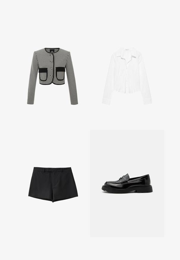 Cropped-Jacke im schwarz-weiß karierten Muster, mit Rundhalsausschnitt, drei Knöpfen und zwei vorderen Taschen mit schwarzem Besatz.; Weißes Langarmhemd mit Kragen, leicht tailliertem Schnitt und geknöpften Manschetten, auf weißem Hintergrund dargestellt.; Schwarze Nadelstreifen-Shorts mit Gürtelschlaufen und Seitentaschen, für eine schlanke Passform gestaltet.; Schwarzer glänzender Lederloafer mit grober Sohle und dekorativem Riemen über dem Spann, vor schlichtem hellgrauem Hintergrund.