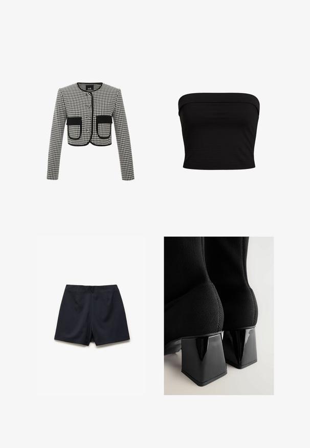 Paneljakke i sort og hvidt gingham mønster, med rund halsudskæring, tre knapper og to frontlommer med sort kant.; Sort strapless top med et tætsiddende design, lavet af blødt stof med en glat overflade og rene kanter. Ingen yderligere mønstre eller accenter.; Mørkeblå shorts lavet af glat stof, med skræddersyet design, flad front og kort forneden. Ingen synlige mønstre eller accenter.; Sorte strikkede ankelstøvler har en kraftig sort blank hæl med firkantet form. Teksturen er glat, og det overordnede design er strømlinet og moderne.