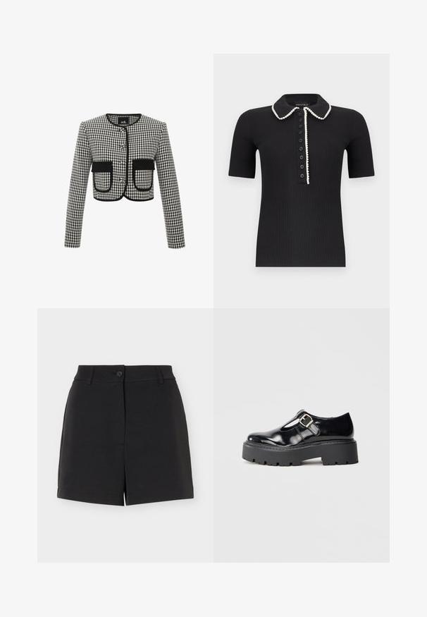 Paneljakke i sort og hvidt gingham mønster, med rund halsudskæring, tre knapper og to frontlommer med sort kant.; Sort ribstrikket kortærmet poloshirt med hvid kant langs kraven og knapstolpen, med syv sorte knapper foran.; Sorte skræddersyede shorts med bæltestropper, knaplukning og frontslidsdetalje, vist mod en hvid baggrund.; Sort patenteret læder Mary Jane-sko med sølvspænde og tyk sort chunky sål, præsenteret på en ensfarvet grå baggrund.