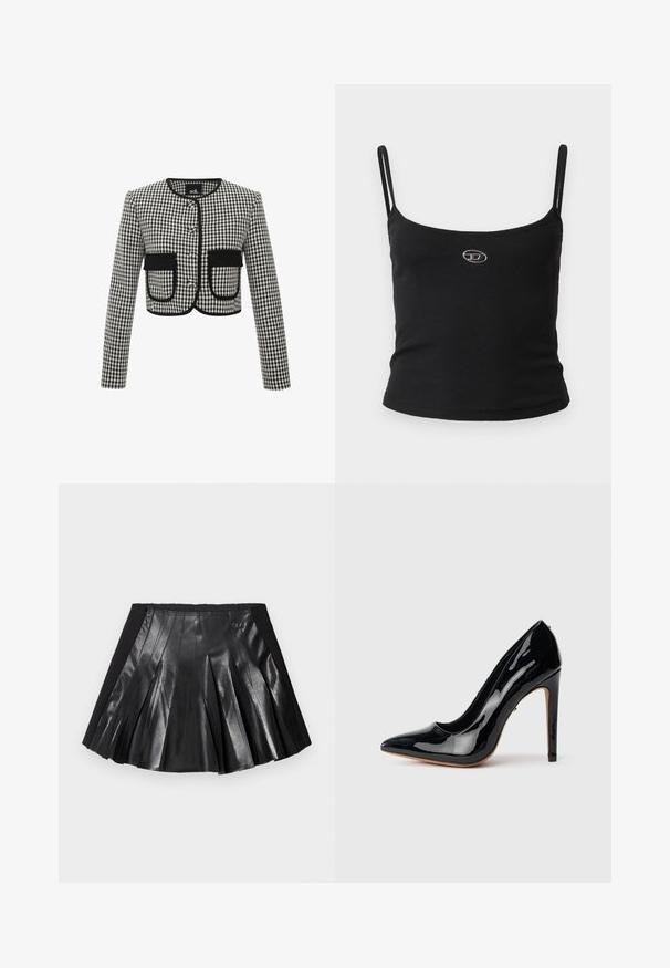 Cropped-Jacke im schwarz-weiß karierten Muster, mit Rundhalsausschnitt, drei Knöpfen und zwei vorderen Taschen mit schwarzem Besatz.; Schwarzes, geripptes Camisole-Oberteil mit dünnen Trägern und einem kleinen metallischen Logo in der Mitte. Der Stoff wirkt dehnbar und figurbetont.; Schwarzer Faltenrock mit glänzendem Leder vorne und einem einfarbigen schwarzen Bund mit kleinem Metallakzent. Strukturierte Lederpaneele vervollständigen das Design.; Schwarzer Lackleder-Pumps mit hohem Absatz, spitzer Zehenpartie, schlanker Silhouette und dünnem 10 cm Stilettabsatz. Glatte, glänzende Textur.