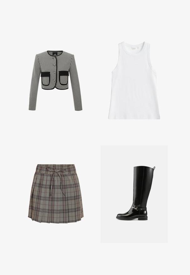 Paneljakke i sort og hvidt gingham mønster, med rund halsudskæring, tre knapper og to frontlommer med sort kant.; Hvid ribbet ærmeløs tanktop med rund halsudskæring, størrelse small, vist på ensfarvet baggrund.; Rutig nederdel med elastisk talje og justerbar snor. Har en lysegrå bund med sorte og røde tern.; Sorte knæhøje støvler lavet af blankt læder med en sølvfarvet spænde ved anklen og rundet snude. Flad sål.