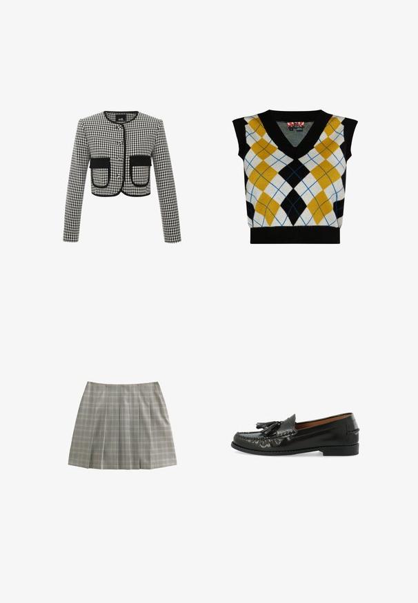 Cropped-Jacke im schwarz-weiß karierten Muster, mit Rundhalsausschnitt, drei Knöpfen und zwei vorderen Taschen mit schwarzem Besatz.; Ärmelloser Pullover im V-Ausschnitt-Design mit einem Argyle-Muster in Gelb, Schwarz, Weiß und Blau. Hergestellt aus weichem Strickmaterial.; Grau karierten Faltenrock mit subtilen feinen Linien in Schwarz, Weiß und Beige, flach auf einem weißen Hintergrund ausgelegt.; Schwarzer Leder-Loafer mit Quasten, genähtem Mokassin-Zeh und niedrigem Absatz, aus seitlicher Ansicht vor weißem Hintergrund.
