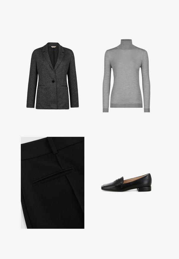 Schwarzer und grauer Fischgräten-Blazer mit Reverskragen, Ein-Knopf-Verschluss und zwei Fronttaschen. Hergestellt aus strukturierter Stoff.; Grauer Rollkragenpullover aus glattem Stoff, mit langen Ärmeln, tailliertem Design und gerippten Akzenten am Kragen und Saum.; Schwarze Hose aus glattem Stoff, mit einem flachen Schnitt und einer einzigen Gesäßtasche mit Schlitzöffnung.; Schwarze Lederloafer mit flachem Absatz, quadratischer Zehenform und einer genähten Riemenverzierung über dem Spann. Glatte Textur mit glänzender Oberfläche.