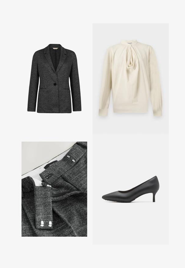 Schwarzer und grauer Fischgräten-Blazer mit Reverskragen, Ein-Knopf-Verschluss und zwei Fronttaschen. Hergestellt aus strukturierter Stoff.; Langärmlige cremefarbene Bluse mit gerafftem Schlüsselloch-Detail vorne und hohem Kragen, Knopfverschluss am Hals und geknöpften Ärmeln.; Grau strukturierte Hosen verfügen über einen Knopfverschluss, einen Reißverschluss und Stoffgürtelschlaufen, mit einem weißen Innenfutter und markanten Nähdetails.; Schwarze Lederpumps mit spitzer Spitze, niedrigem Absatz und glatter Textur; verfügen über ein elegantes Design und eine abgerundete Öffnung für das Hineinschlüpfen des Fußes.