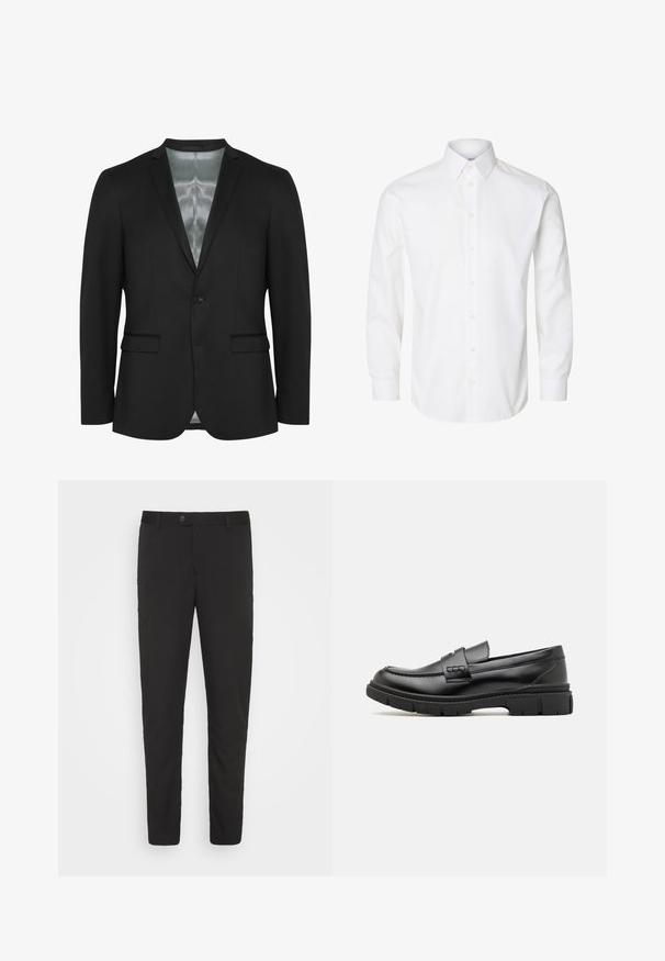 Zwarte blazer met een slim fit, sluiting met één knop, twee voorzakken en satijnen voering. Glad, gestructureerd stof met een klassiek ontwerp.; Wit overhemd met lange mouwen, een puntige kraag, zichtbare knopen vooraan en knoopmanchetten.; Zwarte, op maat gemaakte pantalons met een recht model, voorzakken en een knoopsluiting. Gemaakt van gladde stof met een lichte glans.; Zwarte leren instapper met een brede band over de voet, rubberen zool met dikke noppen en een gladde textuur. Klassiek, strak ontwerp.