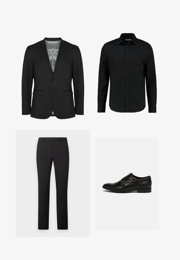 Blazer noir avec une coupe slim, fermeture à un bouton, deux poches frontales et doublure en satin. Tissu lisse et texturé avec un design classique.; Chemise noire à manches longues en tissu lisse, dotée d'un devant à boutons, d'un col pointu et d'une coupe ajustée avec un ourlet courbé.; Pantalon noir sur mesure avec une coupe droite, doté d'une fermeture à bouton et de passants pour ceinture. Confectionné dans un tissu lisse sans motifs apparents.; Chaussures en cuir noir avec bout pointu, accents à double boucle et design élégant. Présente un petit talon empilé et une texture de surface lisse.