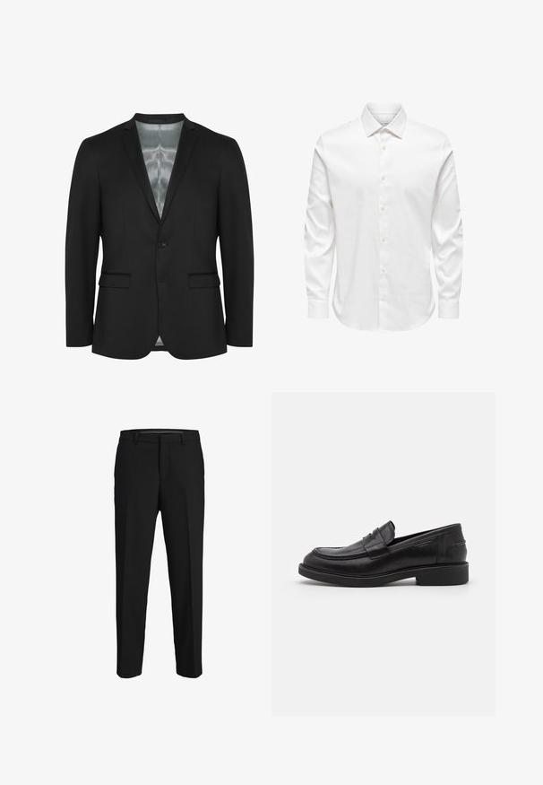 Blazer noir avec une coupe slim, fermeture à un bouton, deux poches frontales et doublure en satin. Tissu lisse et texturé avec un design classique.; Chemise blanche pour homme à manches longues avec col pointu et rangée avant de boutons blancs sur fond uni.; Pantalons noirs en tissu lisse, présentant une coupe droite, des passants de ceinture et un devant plat sans motifs ni embellissements visibles.; Mocassins en cuir noir avec un bout arrondi, des coutures ton sur ton et un détail de sangle à l'avant. Semelle en caoutchouc avec un petit talon.