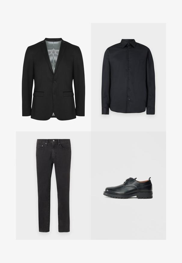 Zwarte blazer met een slim fit, sluiting met één knop, twee voorzakken en satijnen voering. Glad, gestructureerd stof met een klassiek ontwerp.; Zwart shirt met lange mouwen en een aangesloten pasvorm, knopen aan de voorkant, klassieke kraag en een gladde textuur; heeft zeven donkere knopen.; Zwarte skinny jeans met voorzakken, riemlussen en een knoopsluiting, afgebeeld op een neutrale lichte achtergrond.; Zwarte leren derby schoenen met een gladde textuur, ronde neus, vetersluiting en een dikke, robuuste rubberen zool.