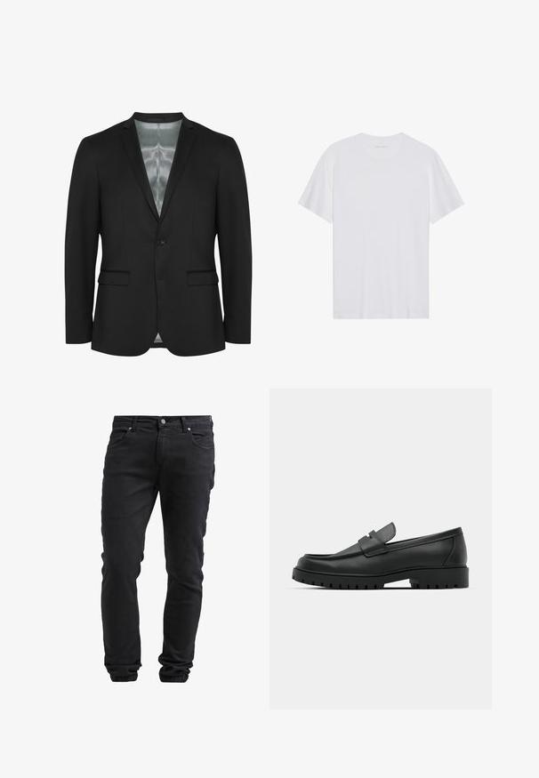 Musta bleiseri slim fit -mallilla, yhdessä napilla suljettu, kahdella etutaskulla ja satiinivuorella. Sujuva, teksturoitu kangas klassisella suunnittelulla.; Valkoinen puuvillainen T-paita, jossa on lyhyet hihat, pyöreä kaula-aukko ja sileä pinta. Kaula-aukossa on minimaalista brändäystä.; Mustat slim-fit farkut, joissa on nappi- ja vetoketjusulku, viisi taskua ja elastiset hihnat nilkoissa.; Musta nahkaloafers, joissa on pyöreä kärki, ommeltu pinta, matala alusta ja kuvioitu, kuminen ulkopohja.