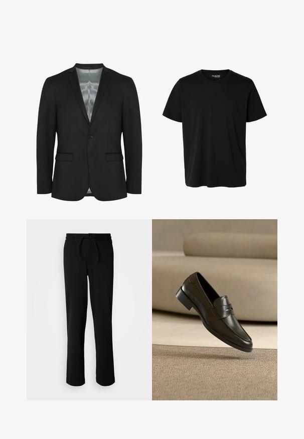 Musta bleiseri slim fit -mallilla, yhdessä napilla suljettu, kahdella etutaskulla ja satiinivuorella. Sujuva, teksturoitu kangas klassisella suunnittelulla.; Yksivärinen musta lyhythihainen pikeekangaspuuvillapaita, jossa miehille sopiva leikkaus ja etupuolella ei näy kuvioita tai logoja.; Musta verkkohousut, joissa on narukiristysvyötärö, valmistettu pehmeästä ja joustavasta kankaasta. Ominaisuuksiin kuuluu rento istuvuus suorin lahkein, eikä näkyviä taskuja ole.; Musta nahkainen loafer-kenkä leijuu vaaleanruskean maton yläpuolella, taustalla vaaleanruskea sohva, esitellen klassista miesten slip-on-mallia.