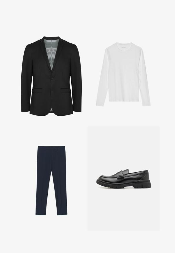 Zwarte blazer met een slim fit, sluiting met één knop, twee voorzakken en satijnen voering. Glad, gestructureerd stof met een klassiek ontwerp.; Wit T-shirt met lange mouwen gemaakt van zacht katoen, met een ronde halslijn en een gladde textuur zonder zichtbare patronen of accenten.; Marineblauwe formele broek met een getailleerd ontwerp, een gladde textuur en twee voorzakken, met strakke lijnen en een rechte pasvorm.; Zwarte leren instapper met een brede band over de voet, rubberen zool met dikke noppen en een gladde textuur. Klassiek, strak ontwerp.