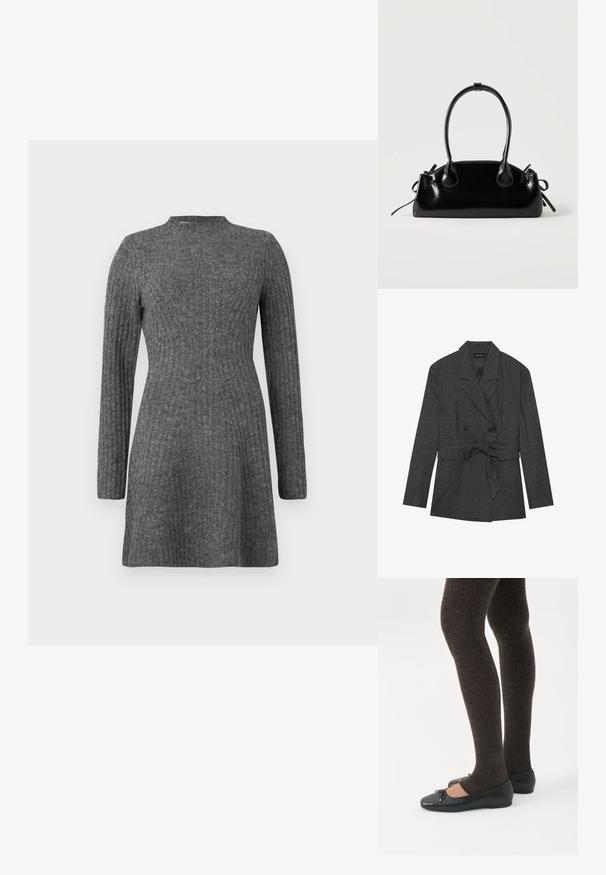 Blazer à carreaux noir et gris avec un design croisé, ceinture à la taille, revers crantés et deux poches avant. Fini en tissu texturé.; Robe côtelée, longueur genoux en gris foncé avec des manches longues et un col haut, fabriquée à partir d'un tissu doux et texturé.; Jambes portant des leggings côtelés foncés associés à des ballerines noires avec de petits détails en nœud sur fond blanc.; Petit sac à main noir brillant avec deux longues anses et des détails à cordon sur les côtés sur un fond clair uni.