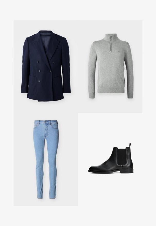Marineblaues Doppelreiher-Blazer aus strukturiertem Stoff, mit angeschnittenen Revers, zwei großen Fronttaschen und sechs schwarzen Knöpfen.; Hellgrauer Langarmpullover mit geripptem Halbreißverschlusskragen und kleinem Logo auf der linken Brust.; Hellblaue Slim-Fit-Jeans mit Frontknopf, Reißverschluss und Fünf-Taschen-Design, präsentiert vor weißem Hintergrund.; Schwarze Leder-Chelsea-Stiefel mit elastischen Seitenpaneelen, abgerundeter Zehenpartie, flacher Sohle und einer Zugschlaufe an der Rückseite für ein einfaches Anziehen. Glatte Textur.