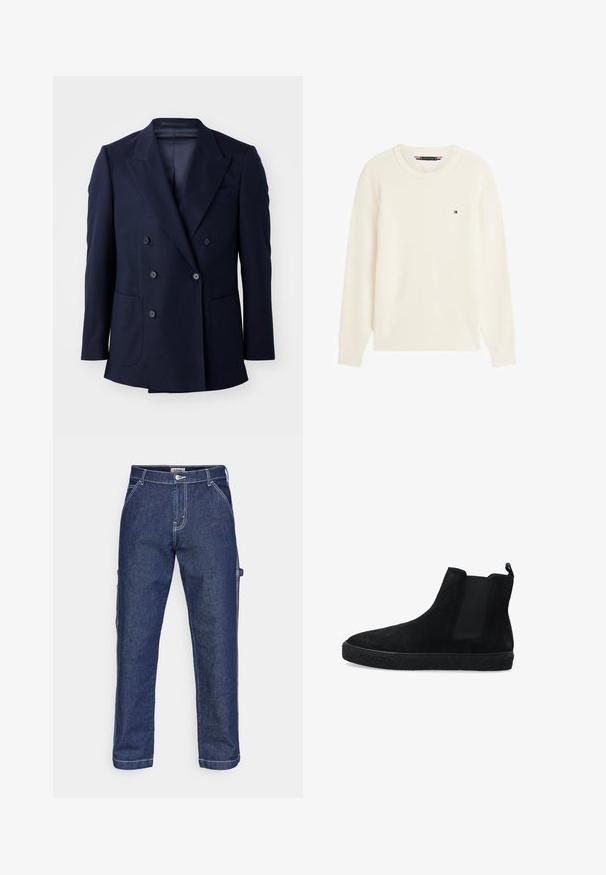 Marineblaues Doppelreiher-Blazer aus strukturiertem Stoff, mit angeschnittenen Revers, zwei großen Fronttaschen und sechs schwarzen Knöpfen.; Cremefarbener langärmeliger Strickpullover mit Rundhalsausschnitt und kleinem Tommy Hilfiger Logo auf der linken Brust vor weißem Hintergrund.; Dunkelblaue Cargo-Jeans mit weißer Naht. Verfügt über Seitentaschen, ein gerades Bein Design und einen klassischen Knopfverschluss.; Schwarze Wildleder-Ankle Boots mit elastischen Seitenpaneelen und einer strukturierten schwarzen Gummisohle. Mit einer Zuglasche an der Rückseite für ein einfaches An- und Ausziehen.