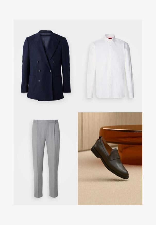 Marineblauwe dubbelgebreide blazer, met een textuurstof, gestructureerde revers, twee grote voorzakken en zes zwarte knopen.; Witte overhemd met lange mouwen van katoen, met een klassieke kraag, een voorkant met knopen en een gladde textuur. Rode details aan de binnenkant van de kraag.; Grijze op maat gemaakte broeken met een gladde textuur, voorzien van een platte voorkant, rechte pijpen en subtiele plooien voor extra details.; Donkerbruine leren loafer met een lage hak zwevend boven een beige tapijt, naast een glanzende, afgeronde, amberkleurige tafel.