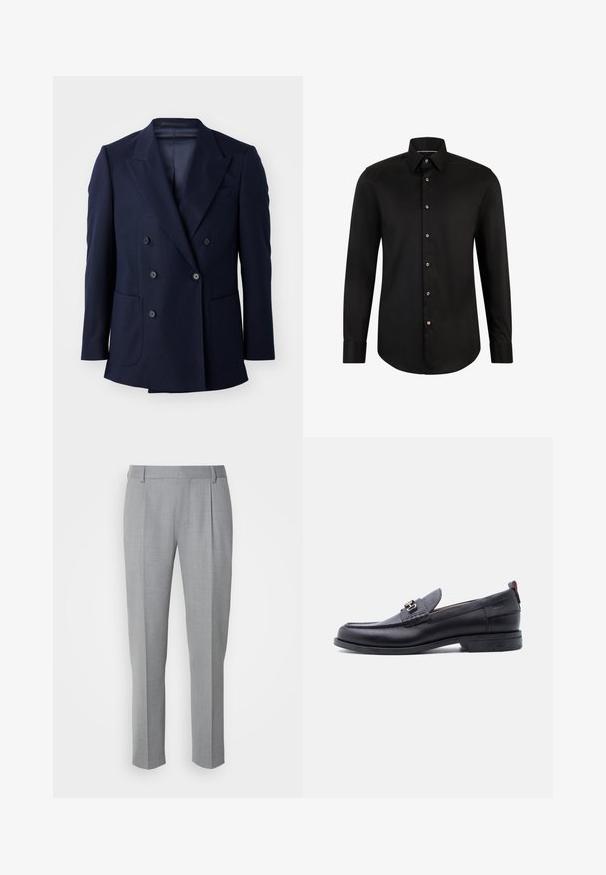 Blazer azul marino de doble botonadura, con tejido texturizado, solapas en pico, dos grandes bolsillos frontales y seis botones negros.; Camisa negra de manga larga, con cuello abotonado y cierre frontal con botones. Textura de tela suave con dobladillo curvado y detalles de botones en contraste.; Pantalones grises a medida con una textura suave, que cuentan con un frente plano, piernas rectas y pliegues sutiles para un detalle adicional.; Mocasín de cuero negro con empeine gris texturizado, detalle de hebilla metálica plateada, tacón bajo y lengüeta para tirar en la parte trasera.
