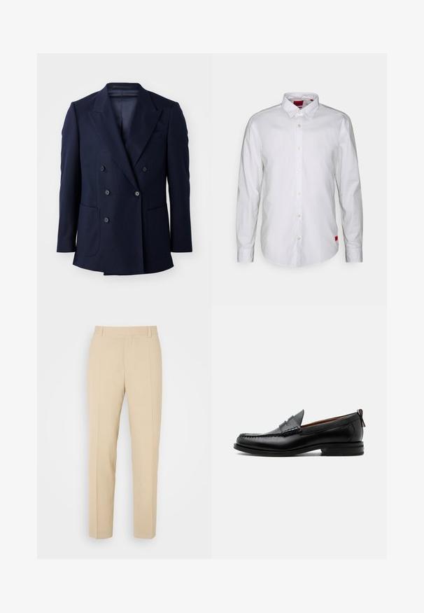 Marineblauwe dubbelgebreide blazer, met een textuurstof, gestructureerde revers, twee grote voorzakken en zes zwarte knopen.; Witte long-sleeve shirt met een button-down kraag, gemaakt van lichtgewicht stof. Heeft een subtiele merketiket in het rood aan de onderzijde.; Beige op maat gemaakte broek met een recht gesneden ontwerp, gemaakt van lichtgewicht stof, met twee voorzakken en nette, geplooide vouwen.; Zwarte leren herensloffen met moc toe stiksel, pennyriem, gestructureerde kraag en lage gestapelde hak op witte achtergrond.