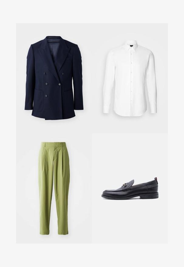 Marineblauwe dubbelgebreide blazer, met een textuurstof, gestructureerde revers, twee grote voorzakken en zes zwarte knopen.; Witte blouse met lange mouwen, knoopsluiting aan de voorkant, klassieke kraag, gemaakt van gladde stof met een subtiele textuur, ontworpen voor een aansluitende pasvorm.; Lichtgroene broek van een gestructureerde stof, met een rechte pasvorm, plooien aan de voorkant en een standaard tailleband.; Zwarte leren loafer met grijze, gestructureerde vamp, zilveren metalen gesp, lage hak en trekkoord aan de achterkant.