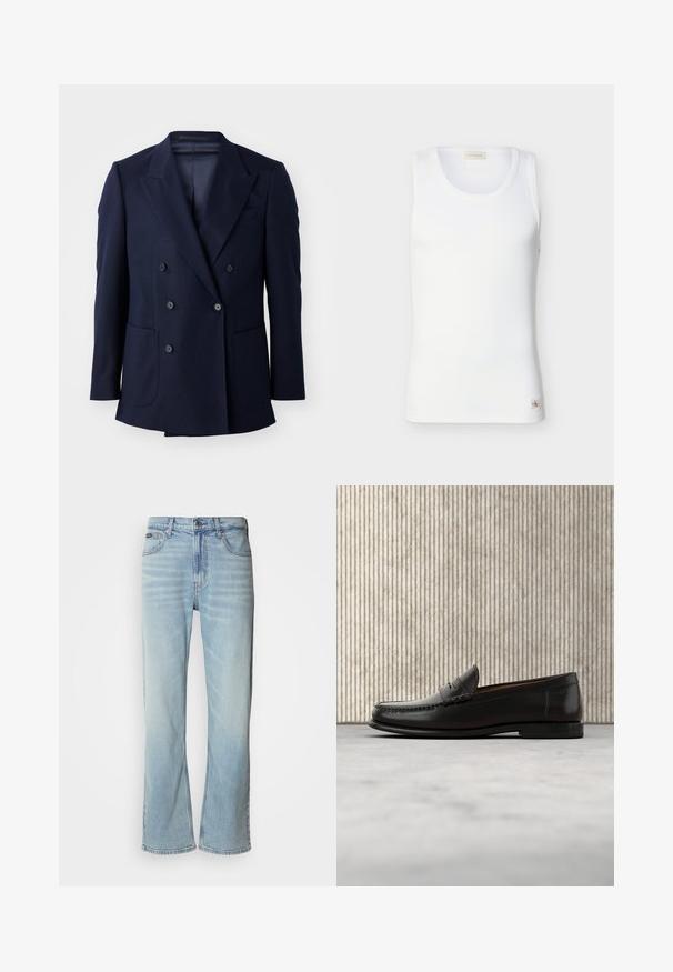 Blazer azul marino de doble botonadura, con tejido texturizado, solapas en pico, dos grandes bolsillos frontales y seis botones negros.; Camiseta sin mangas blanca acanalada con escote redondo y pequeña etiqueta con el logo de Calvin Klein cerca del dobladillo sobre un fondo liso.; Jeans de mezclilla azul claro con corte recto, que cuentan con cinco bolsillos, un cierre de botón y un ligero desvanecimiento en la tela.; Mocasín penny de cuero negro con tacón bajo, punta redondeada y detalles cosidos en la parte delantera y los laterales, mostrado sobre un fondo neutro.