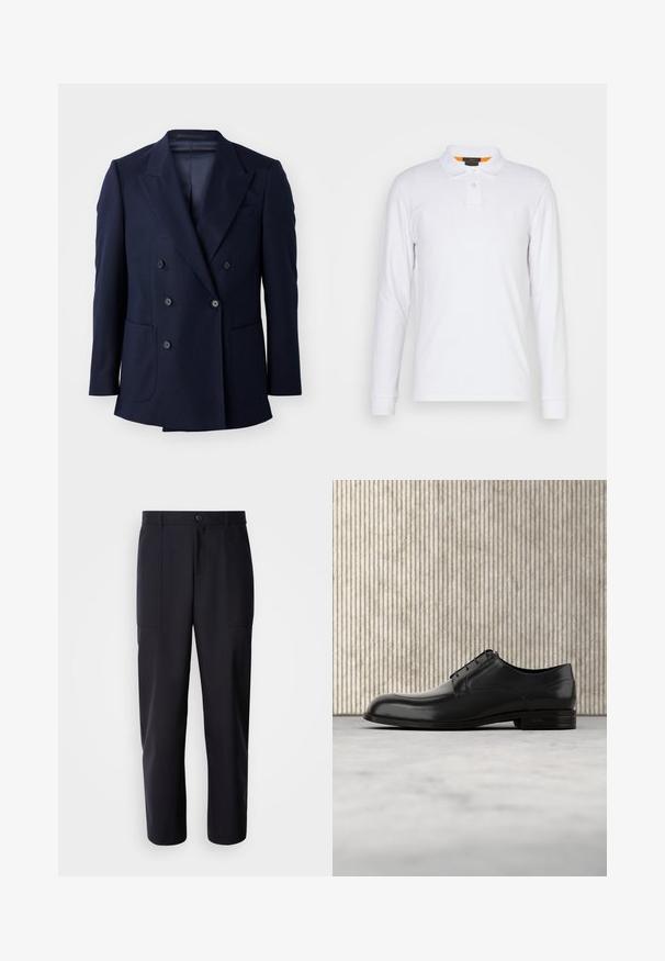 Marineblauwe dubbelgebreide blazer, met een textuurstof, gestructureerde revers, twee grote voorzakken en zes zwarte knopen.; Witte lange mouwen polo shirt van katoen, met een puntige kraag, een knoopsluiting met twee knopen en een klein logo op de borst. Oranje accent aan de binnenkant van de kraag.; Donkerblauwe broek van soepel materiaal, met een rechte pijpdesign, twee zijzakken en een knoopsluiting in de taille.; Zwarte leren dress shoe met een ronde neus, een gladde textuur, minimale naden en een platte zool met subtiele branding op de hiel.