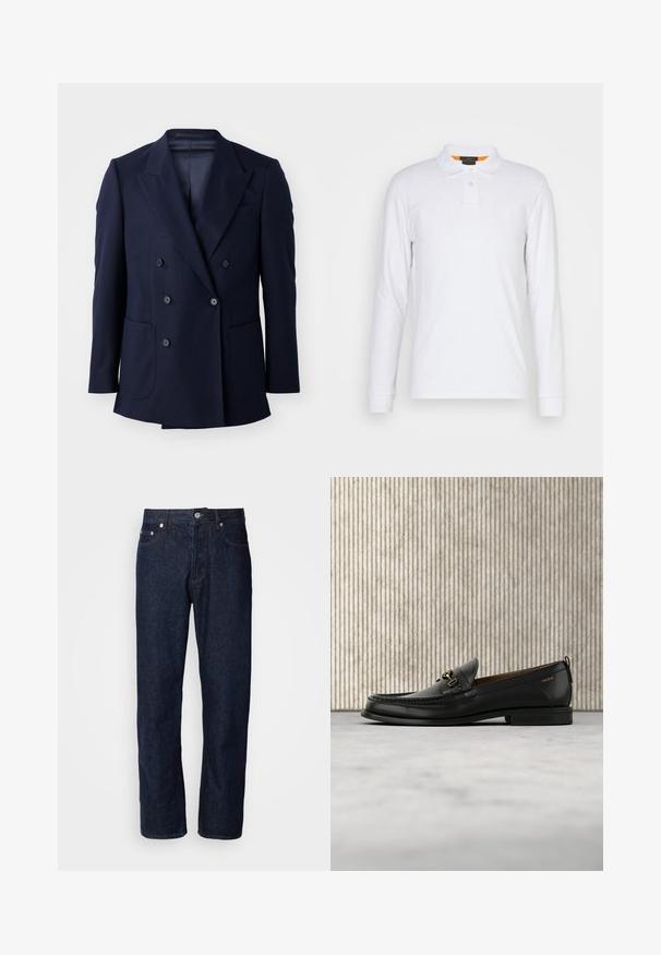 Marineblå dobbeltradet blazer med struktureret stof, spidse slag, to store frontlommer og seks sorte knapper.; Hvid langærmet polo-shirt lavet af bomuld, med en spids krave, to-knaps lukning og et lille logo på brystet. Orange detalje indeni kraven.; Mørkeblå denimjeans med lige ben, der har fem lommer, knaplukning og diskrete syninger.; Sort læderloafers med guldfarvet metaldekoration og "HUGO" branding, vist mod en beige tæppe og brunt gennemsigtigt møbel.