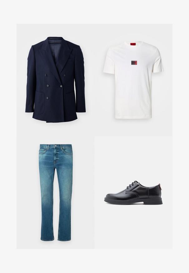 Marineblaues Doppelreiher-Blazer aus strukturiertem Stoff, mit angeschnittenen Revers, zwei großen Fronttaschen und sechs schwarzen Knöpfen.; Weißes Baumwoll-T-Shirt mit kleinem rechteckigem Logo in Rot und Schwarz, mittig auf der Brust platziert. Kurzarm, Rundhalsausschnitt.; Blaue Jeans aus Denim mit geradem Schnitt, ausgestattet mit einem leichten Verwaschungseffekt, leichten Abnutzungen an den Knien und klassischem Fünf-Taschen-Design.; Schwarze Leder-Schnürschuhe mit glatter Textur, rundem Zehenbereich und dezenten Ziernähten. Mit einem roten Laschenband an der Ferse.