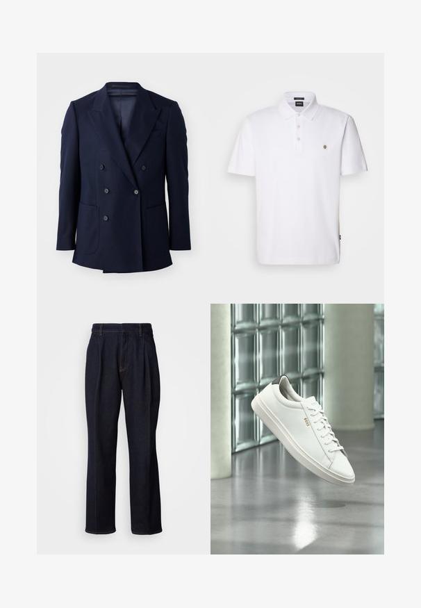 Marineblauwe dubbelgebreide blazer, met een textuurstof, gestructureerde revers, twee grote voorzakken en zes zwarte knopen.; Witte polo met korte mouwen van katoen, met een klassieke kraag, een drieknoopsluiting en een klein logo op de borst.; Donkerblauwe denim jeans met wijde pijpen, inclusief voorplooien en oranje stiksels, weergegeven op een witte achtergrond.; Witte leren lage sneaker met veters, zwarte hielstrook en "BOSS"-logo, zwevend binnenshuis bij een glazen stenen muur en gepolijste vloer.
