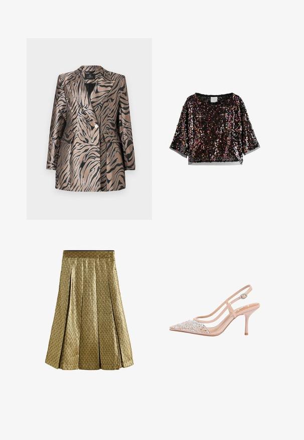 Metallic bronzefarvet blazer med sorte zebra-striber, der har et dobbeltknapdesign, klapkrave og to frontlommer.; Sort sejltop med korte ærmer og rund hals. Pailletterne reflekterer forskellige nuancer, herunder pink og guld, hvilket skaber en glitrende effekt.; Guld quiltet midi-nederdel med plisseringer og en tætsiddende talje, der har en diamantmønster tekstur og en let glans.; Nude slingback højhælede sko med spids tå, gennemsigtige sider og glitrende rhinstenudsmykning foran.