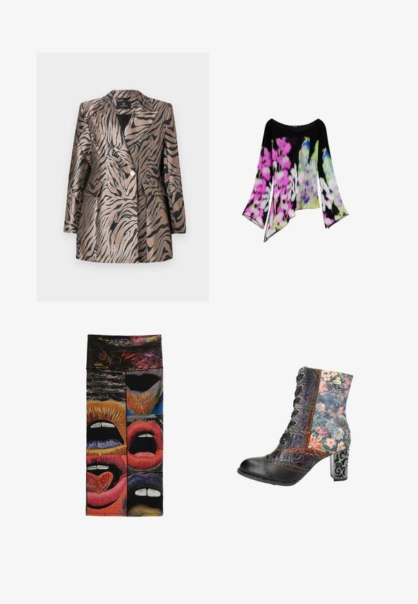 Metallic bronzefarvet blazer med sorte zebra-striber, der har et dobbeltknapdesign, klapkrave og to frontlommer.; Sort bluse med lange ærmer, asymmetrisk kant og livlige blomsterprint i pink, hvid, grøn og blå.; Farverigt stofpanel med seks grafiske nærbilleder af åbne læber i forskellige farver og mønstre, herunder et hjerteformet objekt på en tunge.; Snørebåndsankelstøvle med en sort læder tå og hæl, blomsterstof på overdelen og en skulptureret metalhælsko med intrikate detaljer.