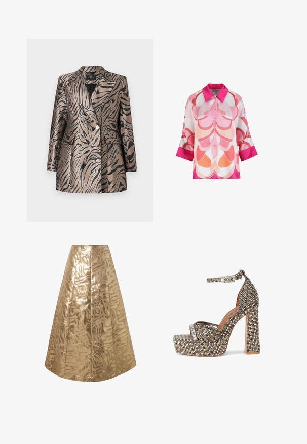 Blazer en bronze métallisé avec des rayures zèbres noires, présentant un design à double boutonnage, un col cranté et deux poches à l'avant.; Blouse en soie avec un motif floral abstrait rose et pêche, dotée d'un col et de poignets roses, et d'une fermeture à boutons sur le devant. Manches trois-quarts.; Jupe trapèze dorée avec un motif brillant et texturé ressemblant à un imprimé animal abstrait, avec des coutures verticales pour la structure.; Sandale à plateforme à talon haut avec bride à la cheville, couverte de strass multicolores, avec bout ouvert et talon épais.