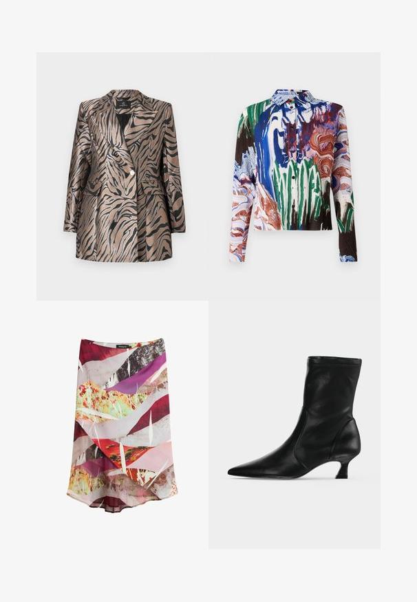 Metallic bronzefarvet blazer med sorte zebra-striber, der har et dobbeltknapdesign, klapkrave og to frontlommer.; Henrik Vibskov SLOPE - Skjortebluser - multi coloured; Midi-nederdel med abstrakt flerfarvet print i rød, pink, lilla, gul og hvid, med lagdelt stof og en subtil A-linje silhuet.; Sort læderstøvle til midt på læggen med spids tå og lav kittenhæl, vist fra siden på en ensartet lys baggrund.