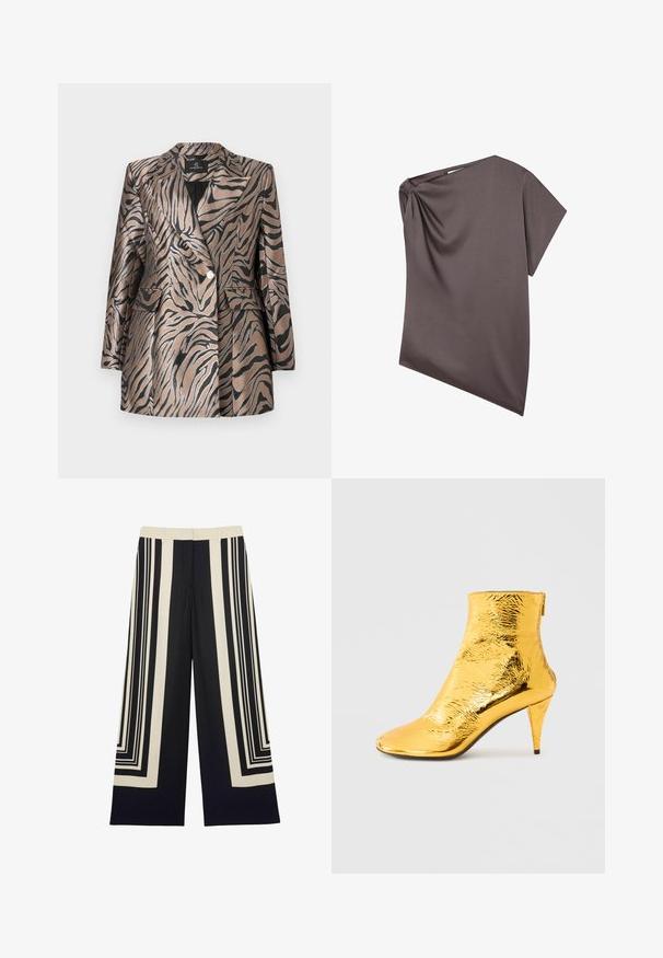 Metallic bronzefarvet blazer med sorte zebra-striber, der har et dobbeltknapdesign, klapkrave og to frontlommer.; Asymmetrisk mørkegrå top med én kort ærme og en samlet knudedetalje nær halsudskæringen på en hvid baggrund.; Bukser med brede ben i sort med cremefarvede geometriske rektangulære striber langs siderne og forpanelerne, med lynlås foran og bæltestropper.; Gylden ankelstøvle med en skinnende, krøllet tekstur, spids snude og en slank hæl. Design i ankelhøjde med lynlås bagpå.
