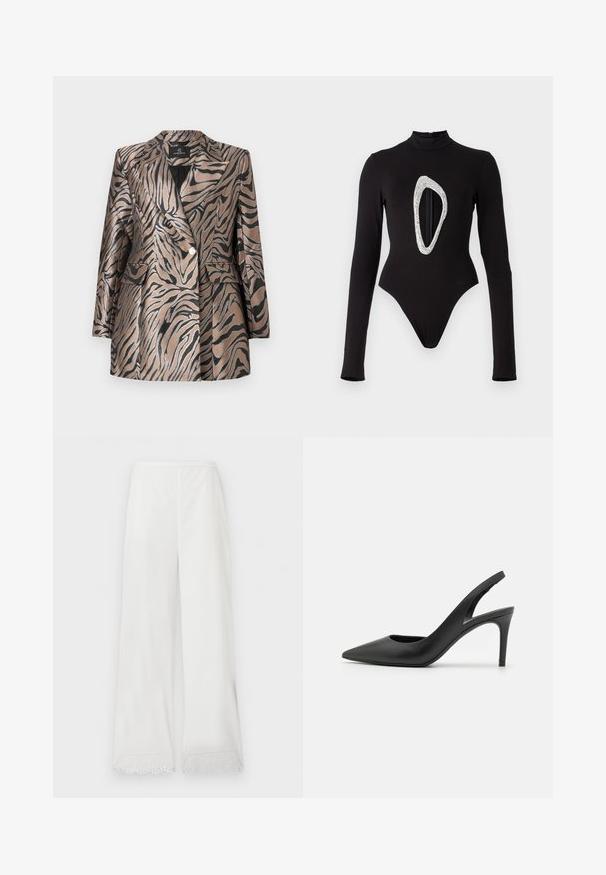 Blazer en bronze métallisé avec des rayures zèbres noires, présentant un design à double boutonnage, un col cranté et deux poches à l'avant.; Bodysuit noir à manches longues avec col montant, présentant une grande découpe ovale brillante à l'avant. Tissu lisse avec des jambes hautes.; Pantalon blanc à jambes larges avec bordure en dentelle œillet festonnée aux ourlets, taille élastique et texture de tissu lisse.; Escarpins à talon aiguille en cuir noir, avec un design à bout pointu, présentant une découpure à l'avant et un talon fin.