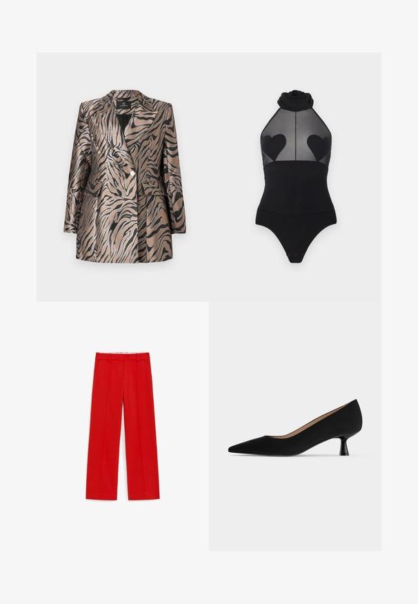 Metallic bronzefarvet blazer med sorte zebra-striber, der har et dobbeltknapdesign, klapkrave og to frontlommer.; Sort halterneck-body med gennemsigtigt mesh øverst og solide hjerteformede lapper på brystet, tryklås ved skridtet.; Røde, højttaljede bukser med lige ben, bæltestropper, forlommer og pressede folder, vist fladt på en hvid baggrund.; Sort damesko med lav hæl, spids snude, slank, udvidet kittenhælkappe og glat mat finish set fra siden.