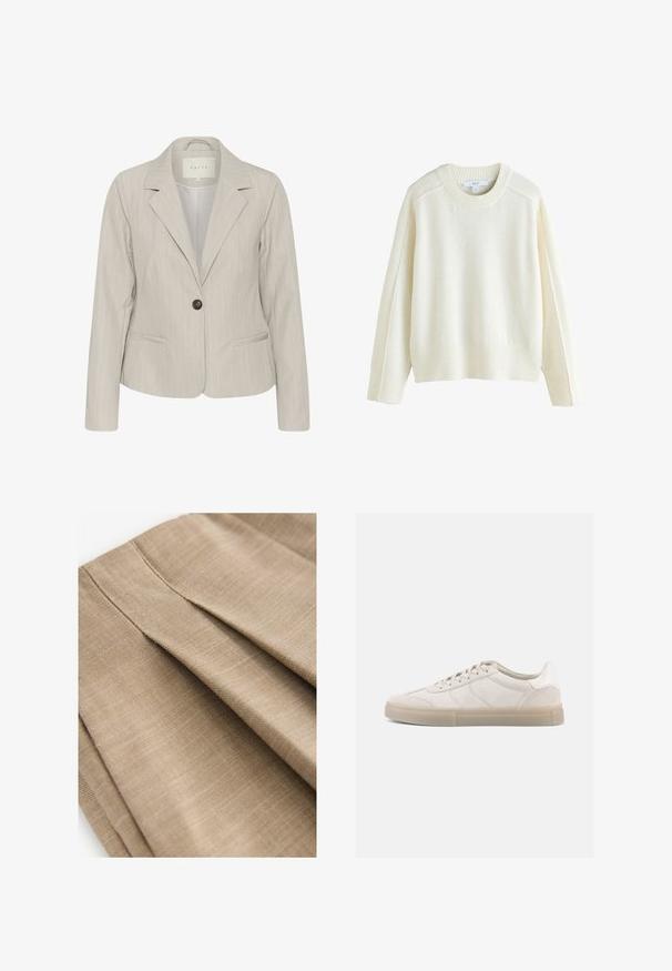 Blazer gris claro con rayas verticales, cierre de un solo botón, solapas con muesca y bolsillos laterales. Fabricado en una tela suave con un corte entallado.; Next CREW NECK - Jersey de punto - ecru; Tela plisada color beige que muestra una textura suave con un sutil patrón de tejido, destacando los detalles de la costura y un diseño ligero.; Zapatillas deportivas de ante beige con perfil bajo, que presentan una parte superior texturizada, costuras tonales y una suela de goma ligera. Cordones completan el diseño.