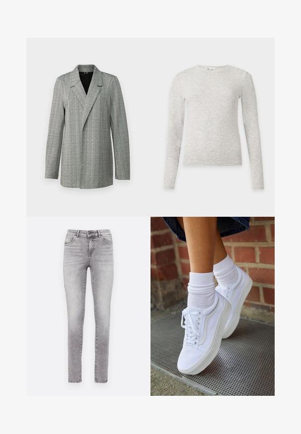 Grau karierter Blazer mit spitzem Revers, Ein-Knopf-Verschluss und langen Ärmeln. Der Blazer zeichnet sich durch einen strukturierten Stoff mit leichtem Glanz aus.; Hellgrauer, langärmeliger Strickpullover mit Rundhalsausschnitt und schmaler Passform vor einem einfarbigen hellen Hintergrund.; Schlanke Jeans in einem ausgewaschenen Grauton, aus Denim gefertigt. Merkmale sind ein Knopf- und Reißverschluss, fünf Taschen und ein subtiler Used-Look.; Weiße Leinensneaker mit Gummisohlen, ausgestattet mit sechs Ösen, runder Zehenpartie und dezenten Nähten, kombiniert mit weißen Knöchelsocken.