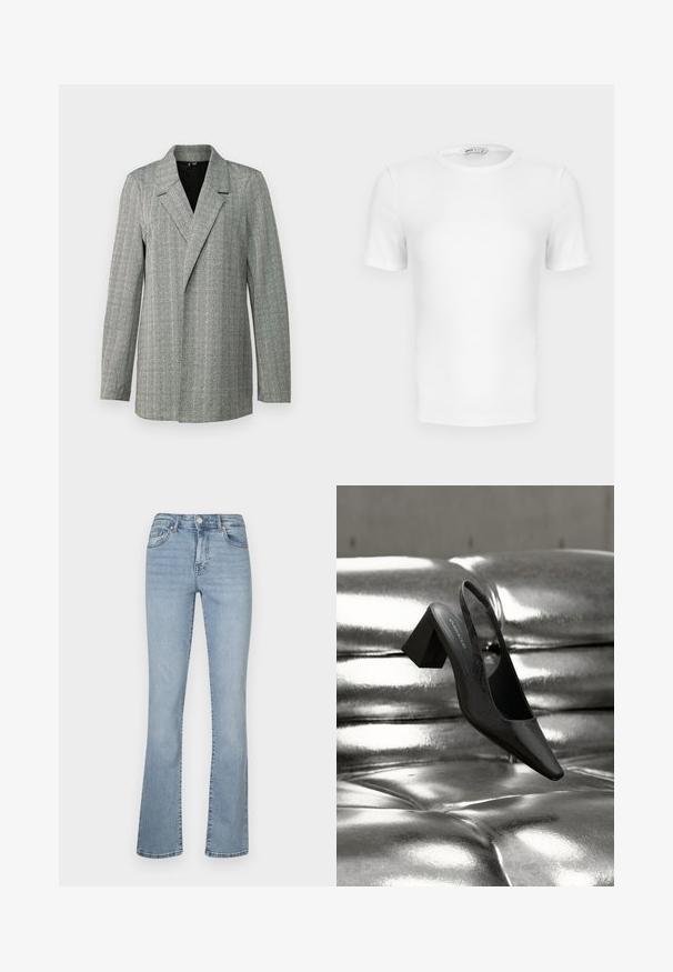Sivý houndstooth blazer s špicatým klopom, jednostranným zapínaním a dlhými rukávmi. Obsahuje textúrovanú tkaninu s jemným leskom.; Biele krátke rukávy rebrované tričko s okrúhlym výstrihom a priliehavým strihom, s malým štítkom značky vo vnútri goliera.; Svetlomodré rifľové nohavice s rozšírenými nohavicami a vysokým pásom, vybavené zipsom a gombíkom, piatimi vreckami a jemným zafarbením pozdĺž nôh.; Čierny podpätok so zadným pásikom a špicatou špičkou, s textúrovaným povrchom a hrubým blokovým podpätkom. Položený na lesklom kovovom pozadí.