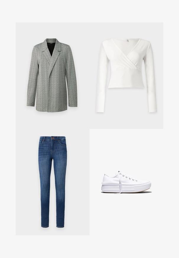Grau karierter Blazer mit spitzem Revers, Ein-Knopf-Verschluss und langen Ärmeln. Der Blazer zeichnet sich durch einen strukturierten Stoff mit leichtem Glanz aus.; Weißes, geripptes Wickeloberteil mit langen Ärmeln, V-Ausschnitt und taillierter Passform, vor einfachem, hellem Hintergrund dargestellt.; Schmal geschnittene blaue Jeans aus Denim mit klassischem Fünf-Taschen-Design und Knopfverschluss, auf weißem Hintergrund präsentiert.; Weißer Canvas-Sneaker mit niedrigem Schnitt, dicker Plateau-Sohle, vorderer Schnürung und rauer Gummikappe an der Spitze, aus seitlicher Ansicht gezeigt.