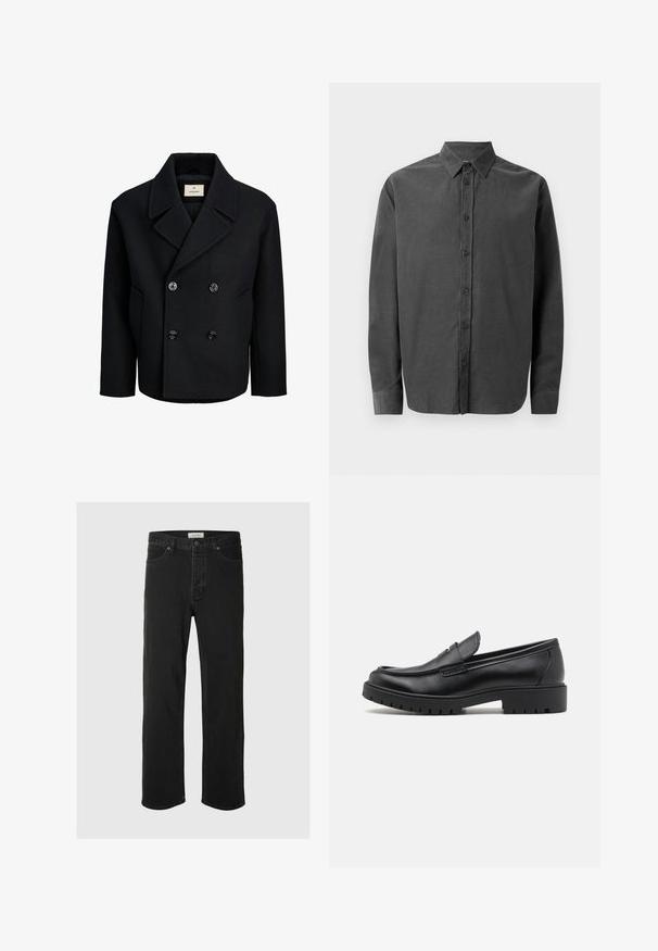 Manteau noir croisé en laine avec une texture lisse, dotée de grands boutons noirs, d'un col cranté et de poches latérales.; Chemise à manches longues de couleur gris foncé, en tissu texturé. Présente un devant à boutons, un col pointu et des poignets à un bouton.; Des jeans en denim noir à coupe droite disposent d'un design classique à cinq poches avec fermeture à bouton, de coutures minimales et d'une texture douce.; Mocassins en cuir noir avec un bout arrondi, un design à enfiler et une semelle en caoutchouc épaisse avec une texture antidérapante. Talon surélevé et détails de surpiqûre subtils.
