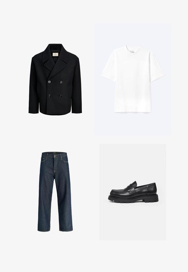 Manteau noir croisé en laine avec une texture lisse, dotée de grands boutons noirs, d'un col cranté et de poches latérales.; T-shirt blanc uni à manches courtes et col rond avec une coupe décontractée, présenté sur un fond clair.; Jean droit en denim bleu foncé avec poches avant, passants pour ceinture et fermeture par bouton, présenté sur un fond blanc.; Mocassin en cuir noir avec semelle épaisse crantée et détail de bride penny, présenté en profil droit sur fond blanc.