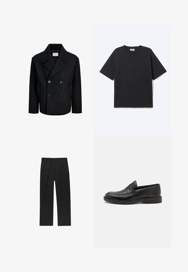 Manteau noir croisé en laine avec une texture lisse, dotée de grands boutons noirs, d'un col cranté et de poches latérales.; T-shirt noir à manches courtes avec col rond, coupe décontractée, vue de face, design uni et étiquette de la marque Weekday visible à l’intérieur du col.; Pantalons noirs au design droit, fabriqués à partir d'un tissu lisse. Dotés de plis sur le devant et d'une fermeture à un bouton à la taille.; Mocassins en cuir noir avec un détail de couture à l'avant, deux sangles horizontales sur le dessus, et un talon en bois. Texture lisse et forme arrondie.