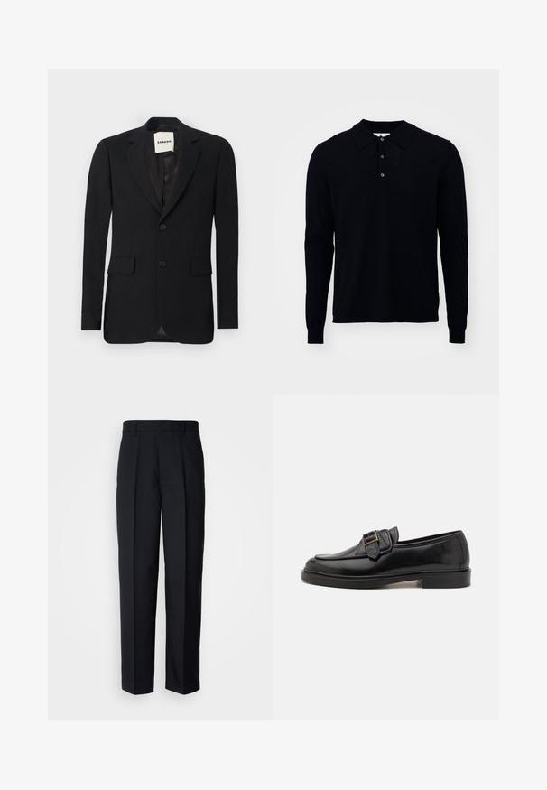 Blazer noir en tissu lisse, avec des revers crantés, deux poches avant et deux boutons. Dispose d'une doublure en satin et d'une étiquette de marque à l'intérieur.; Polo à manches longues en marine foncé, fabriqué en tissu tricoté fin. Avec un col, une patte de boutonnage à trois boutons et des poignets côtelés.; Pantalons plissés noirs en tissu lisse, avec une coupe droite et une taille standard avec passants de ceinture.; Mocassins en cuir noir avec un bout arrondi et une boucle décorative. Talon plat, solide et texture lisse sur l'ensemble.