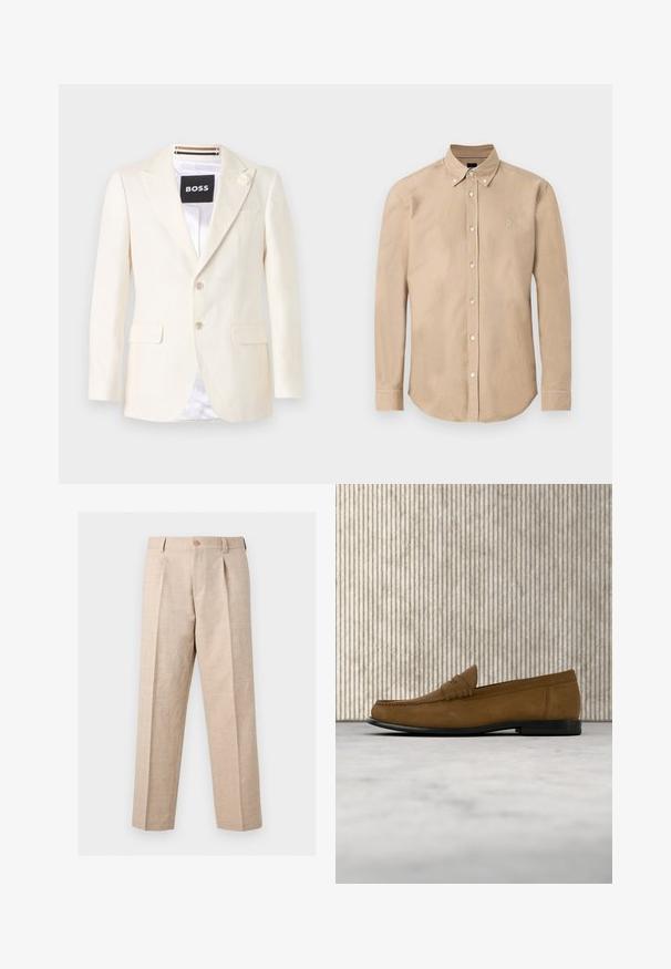 Blazer ajusté couleur crème avec revers crantés, deux poches à rabat à l'avant, deux boutons et un petit détail floral sur le revers gauche.; Chemise beige à manches longues avec boutons sur le devant, col boutonné et petit logo brodé sur le côté gauche de la poitrine.; Pantalon beige à jambes droites avec plis, fermeture par bouton, passants pour ceinture et coupe ajustée.; Mocassin en daim marron avec semelle noire flottant au-dessus d'un tapis beige clair, à côté d'un pied de table rond marron et brillant.