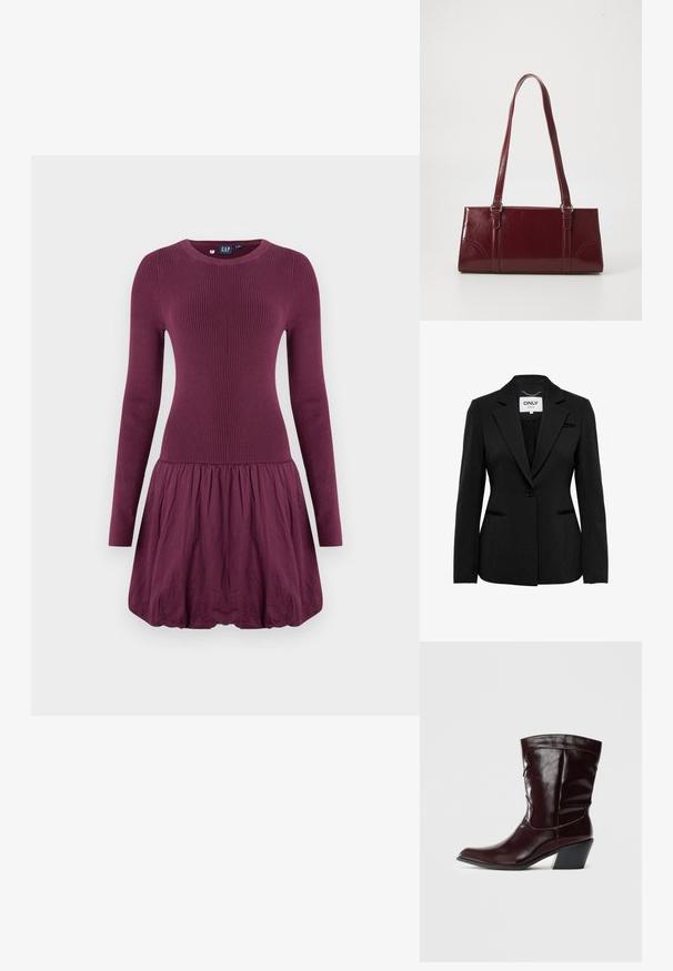 ONLY ONLPEACH - Blazer - black; Robe violette avec un corsage côtelé, des manches longues et une jupe froncée. Le tissu semble lisse avec une texture légère.; Bottines en cuir bourgogne avec un bout pointu, une surface texturée et un petit talon effilé. Présente une couture discrète et un ajustement confortable.; Sac à main bordeaux en matériau brillant, de forme rectangulaire, avec deux anses et des accents légèrement courbés à l'avant.