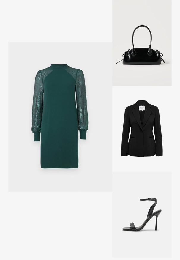 ONLY ONLPEACH - Blazer - black; Robe verte à col montant, corps uni et manches bouffantes en tissu pailleté, présentant une texture lisse et des poignets côtelés.; Sandale à talons hauts noire avec une fine sangle au niveau de la cheville et deux bandes à l'avant. Fabriquée en cuir lisse avec un bout pointu élégant et un talon aiguille.; Petit sac à main noir brillant avec deux longues anses et des détails à cordon sur les côtés sur un fond clair uni.