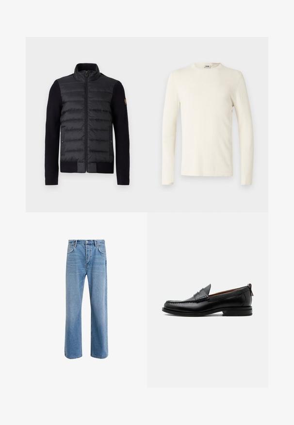 Sort lynlåsjakke med quiltet frontpanel og strikkede ærmer, udstyret med sidelommer og et lille logo-patch på venstre arm.; Langærmet t-shirt med rund hals i off-white, lavet af blødt bomuldsmateriale med en glat tekstur og minimalistisk design. Ingen synlige mønstre.; Lyseblå denim jeans med lige ben-design, fem lommer, knaplukning, minimal falming og kontraststingdetaljer.; Sort læder herre loafer med moc-tå syning, penny strop, struktureret krave og lav stablet hæl på hvid baggrund.