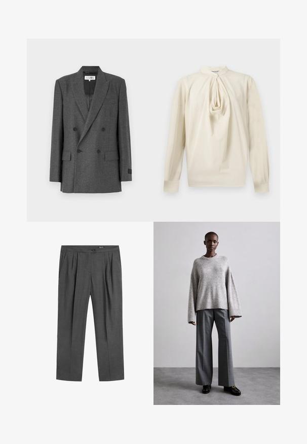 Grauer, doppelt geknöpfter Blazer aus strukturiertem Stoff. Mit Reverskragen, zwei Fronttaschen und schwarzen Knopfakzenten. Gefüttertes Innenfutter.; Langärmlige cremefarbene Bluse mit gerafftem Schlüsselloch-Detail vorne und hohem Kragen, Knopfverschluss am Hals und geknöpften Ärmeln.; Dunkelgraue, maßgeschneiderte Hose mit vorderen Falten, Seitentaschen, Knopf am Bund und Reißverschluss.; Grauer Strickpullover mit weiten Ärmeln und geripptem Saum, kombiniert mit hochtaillierten grauen Hosen mit dezentem Karomuster und schwarzen Loafers.
