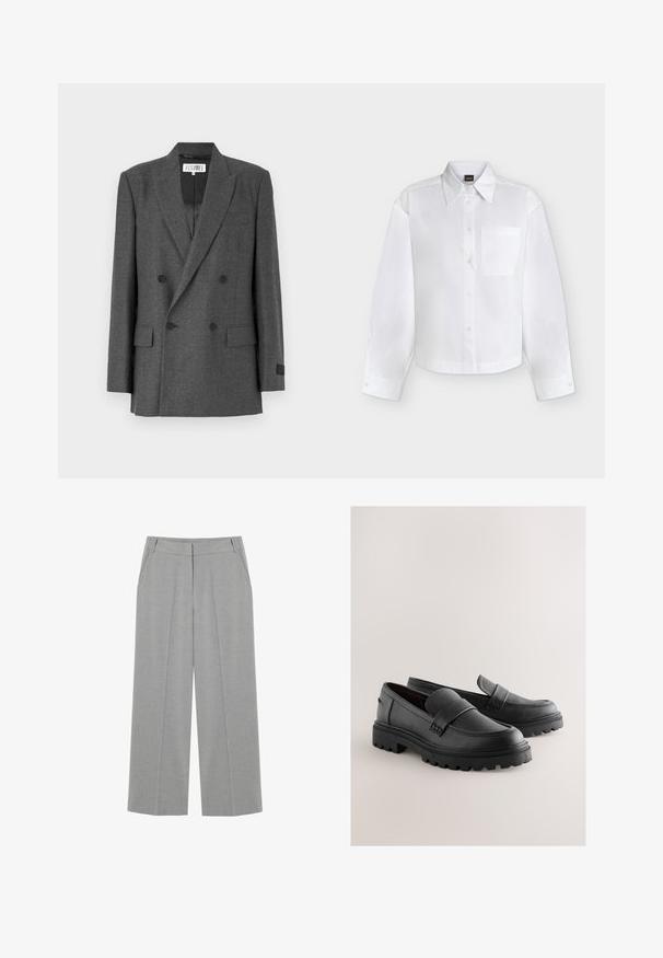 Blazer gris de doble botonadura en una tela texturizada. Presenta solapas de muesca, dos bolsillos delanteros y detalles en botones negros. Interior forrado.; Camisa blanca de manga larga con botones, cuello puntiagudo y bolsillo en el pecho, mostrada sobre un fondo claro y liso.; Pantalones anchos de pierna gris con tela texturizada, que cuentan con dos bolsillos delanteros y pliegues frontales para una apariencia entallada.; Mocasines de cuero negro con un acabado texturizado, que cuentan con una correa sobre el empeine y una suela de goma gruesa y resistente.
