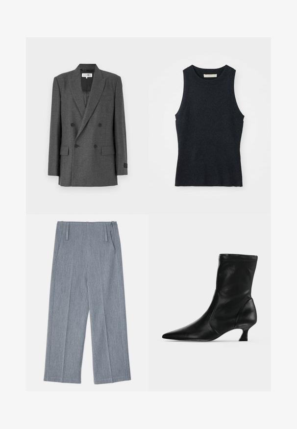 Grauer, doppelt geknöpfter Blazer aus strukturiertem Stoff. Mit Reverskragen, zwei Fronttaschen und schwarzen Knopfakzenten. Gefüttertes Innenfutter.; Ärmelloses, dunkelgraues Strick-Tanktop mit Rundhalsausschnitt, auf weißem Hintergrund flach ausgelegt.; Hellgraue, weit geschnittene Hosen aus strukturiertem Stoff, mit zwei vorderen Falten und zwei Seitentaschen. Sauberes, maßgeschneidertes Design.; Schwarzer Leder-Stiefel bis zur Mitte der Wade mit spitzer Schuhspitze und niedrigem Kittenabsatz, seitlich auf hellem einfarbigem Hintergrund gezeigt.